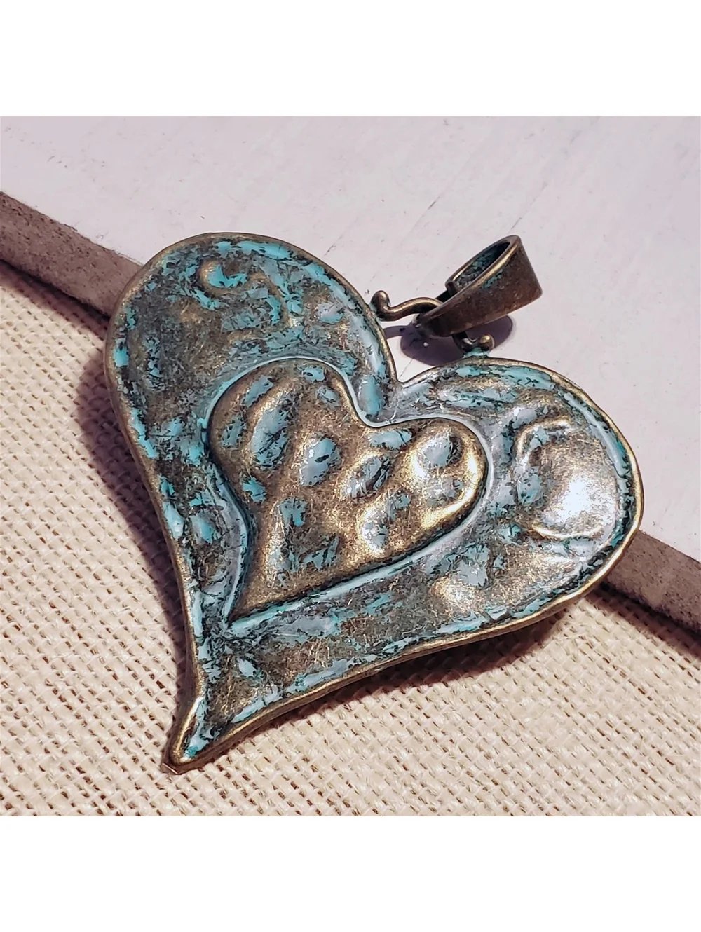 Hammered Antique Bronze Verdigris Green Patina Large Carved Heart Pendant